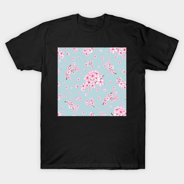 Blooming Sakura branch. Cherry blossom flowers. Romantic translucent watercolor flowers print T-Shirt by likapix